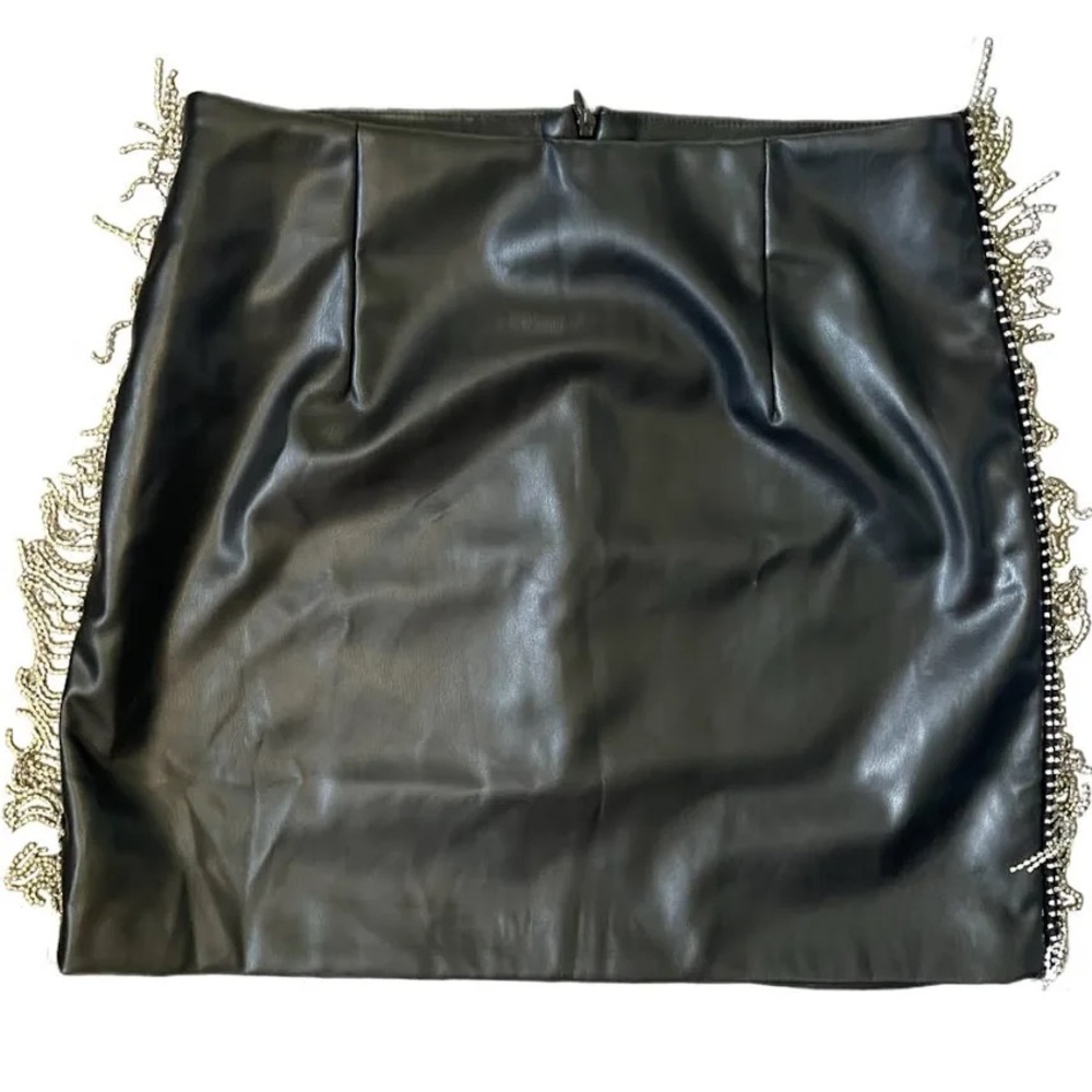 Nasty Gal Elegant Black Leather Skirt with Fringe Details